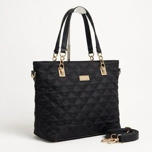 Black Quilted Tote Bag – Convertible Crossbody Purse with Gold-Tone Hardware M